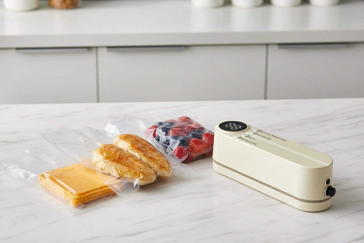 Formaggi, carne e frutti in buste sottovuoto